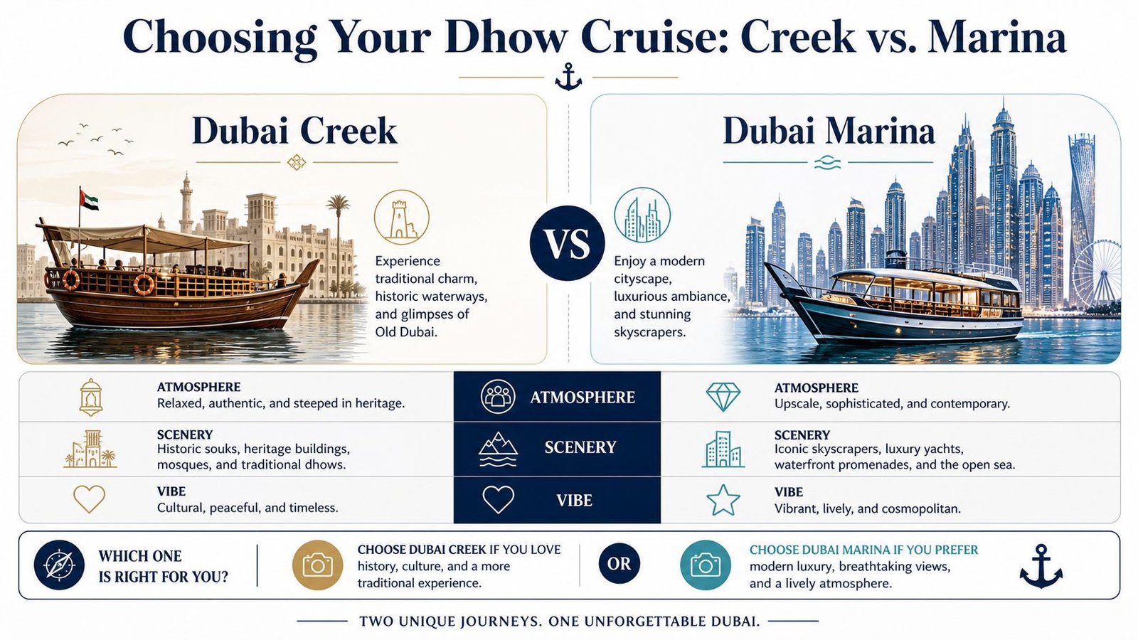 A comparison infographic between Dubai Creek and Dubai Marina dhow cruise experiences for tourists in Dubai.