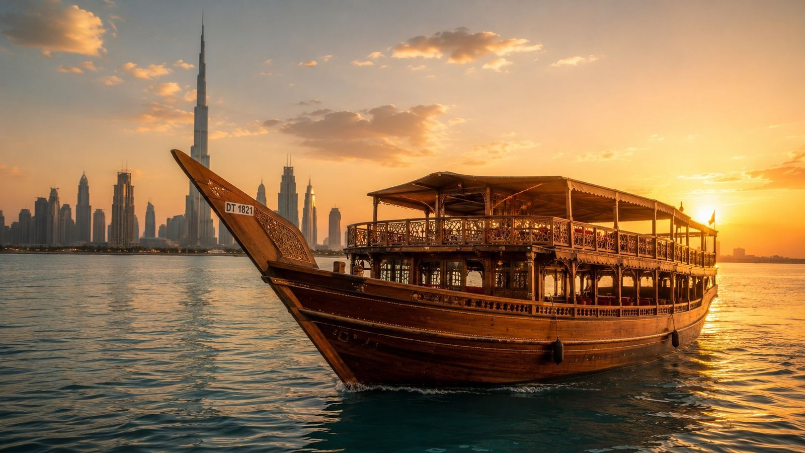 A traditional wooden dhow boat sailing on the water with the Dubai skyline in the background