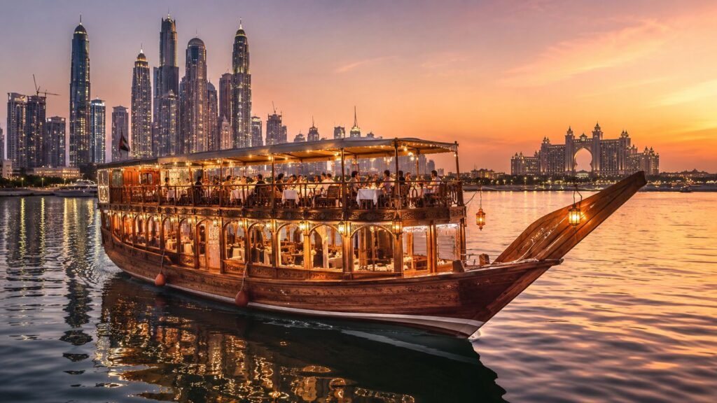 Arabian Dhow Cruise Dubai traditional wooden dhow sailing through Dubai Marina at night with illuminated skyline, buffet dinner, and live entertainment.