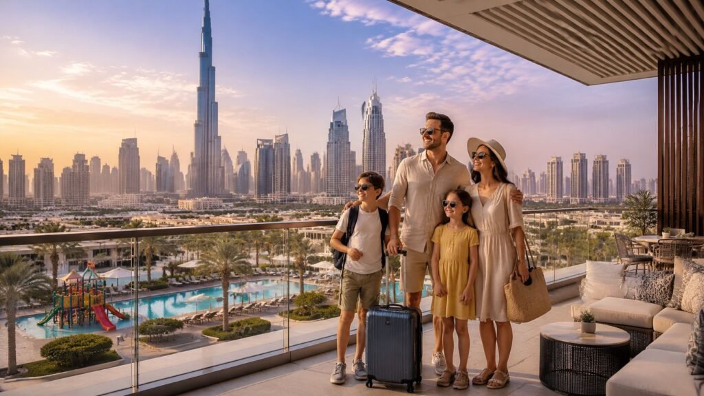 Best Dubai hotels for families featuring a luxury beachfront resort with swimming pools, children's play area, palm trees, and Dubai skyline in 2026.