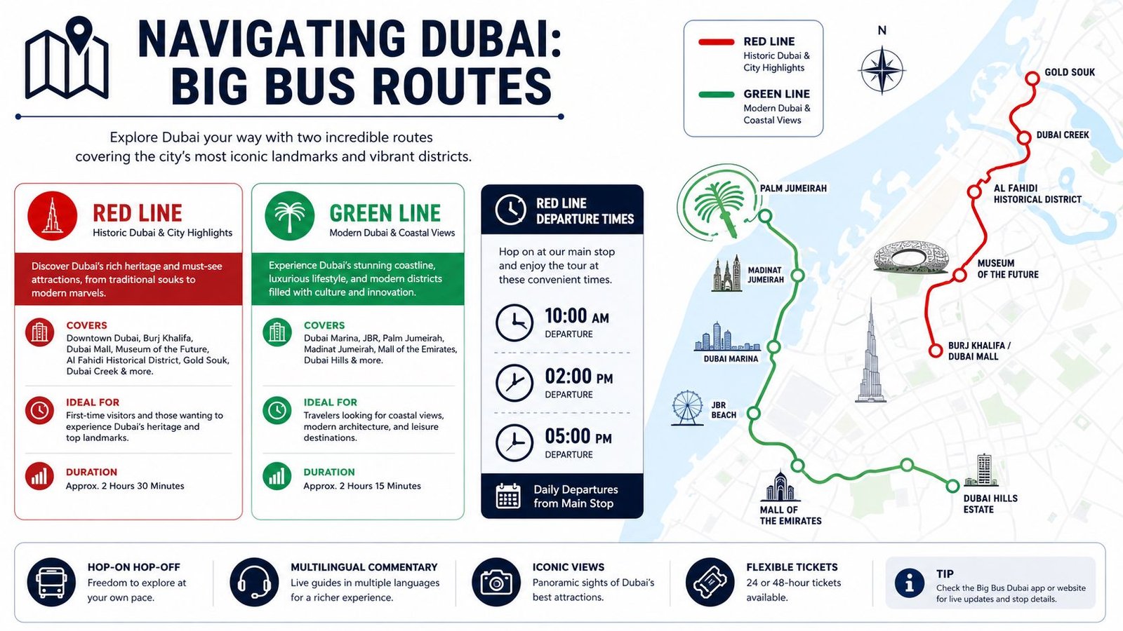 An infographic showing two Big Bus tour routes in Dubai with departure times and major landmark highlights.
