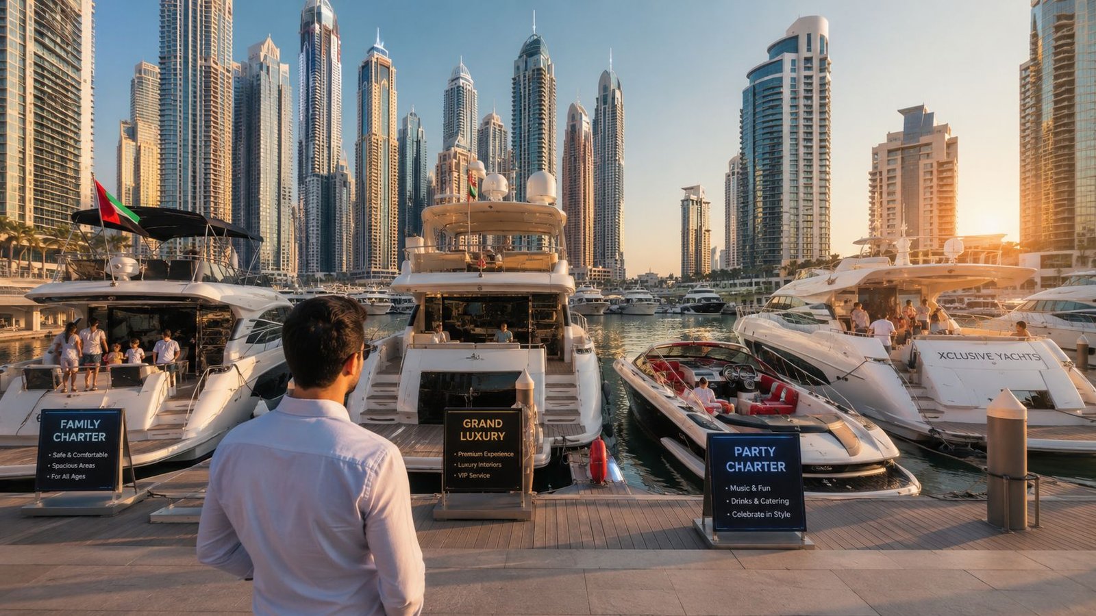 A man stands on a dock overlooking a marina with luxurious yachts in downtown Dubai at sunset.