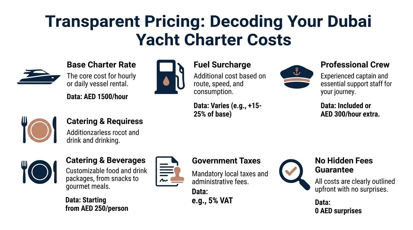 An infographic detailing the transparent pricing components of a yacht charter service in Dubai, UAE.