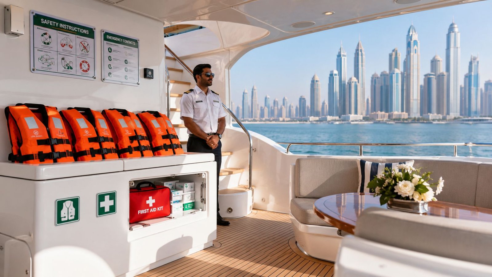 A professional yacht captain stands on the deck of a luxury boat with the Dubai Marina skyline behind.