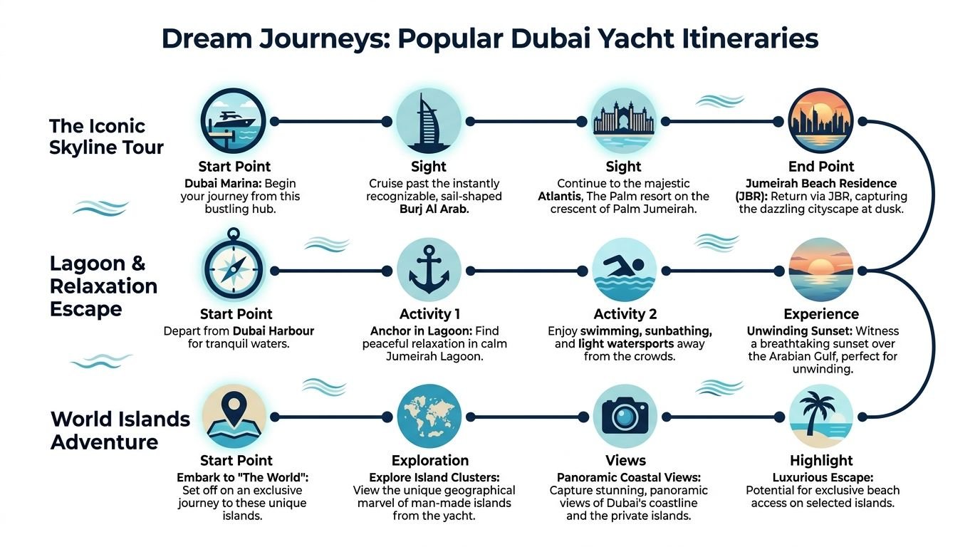 A travel itinerary infographic displaying three popular yacht trip routes available for tourists visiting Dubai, UAE.