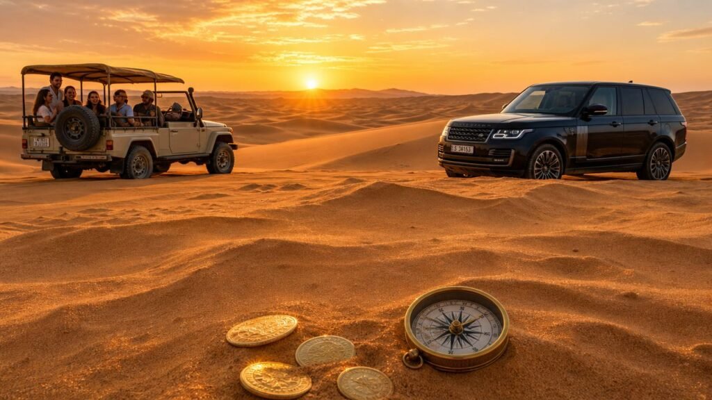 Luxury desert safari in Abu Dhabi featuring dune bashing, camel rides, golden sand dunes at sunset, traditional Bedouin camp, and tourists enjoying a 2026 desert safari experience with updated package prices.