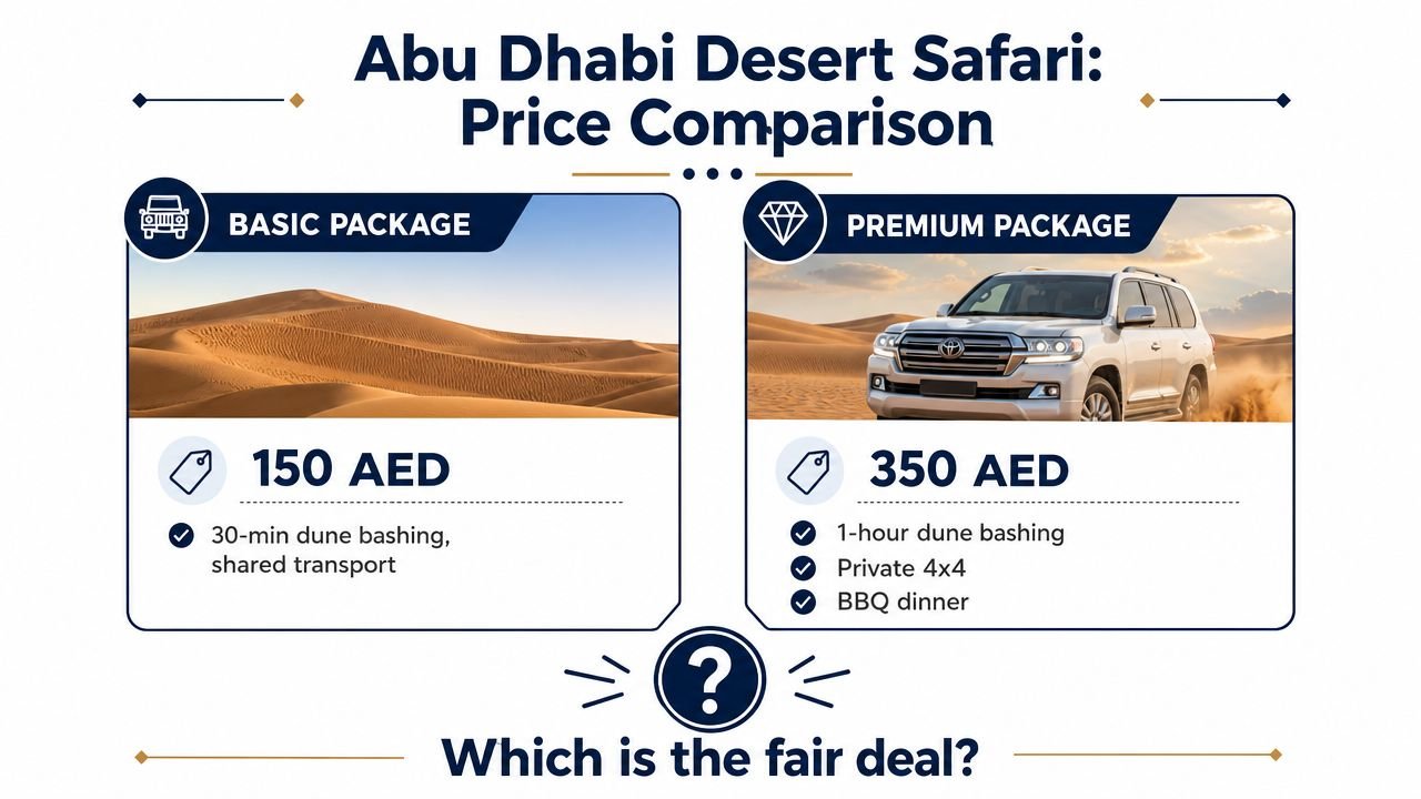 A price comparison infographic for Abu Dhabi desert safari packages showing basic and premium options with features.