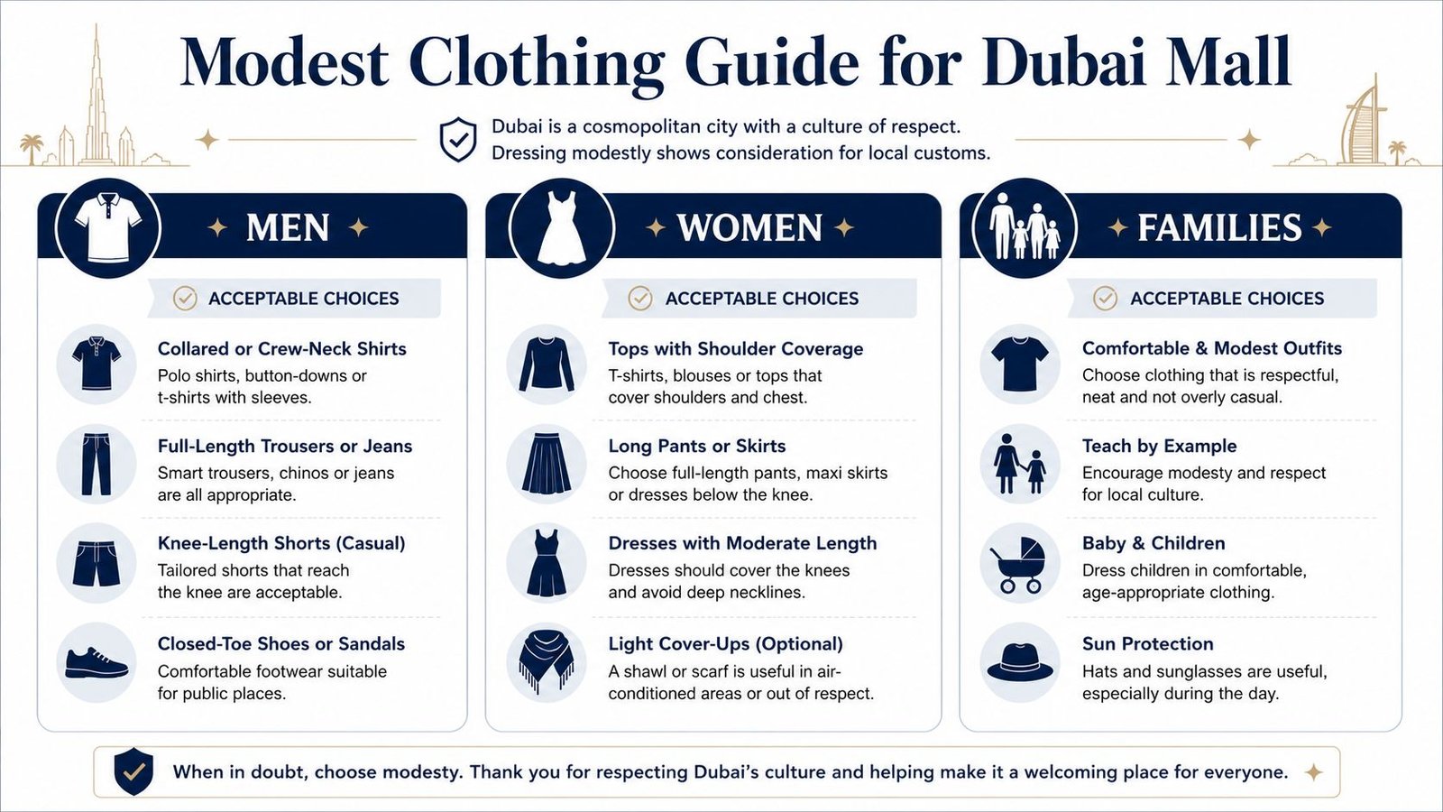 An infographic titled Modest Clothing Guide for Dubai Mall providing advice on appropriate attire for men, women, and families.