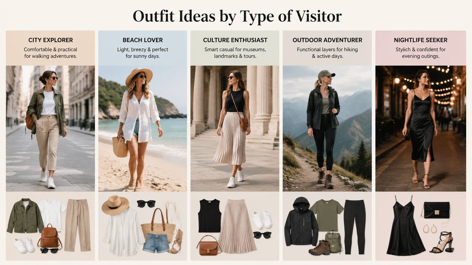 A style guide showing five outfit ideas for travelers based on activities like sightseeing, beach, and nightlife.