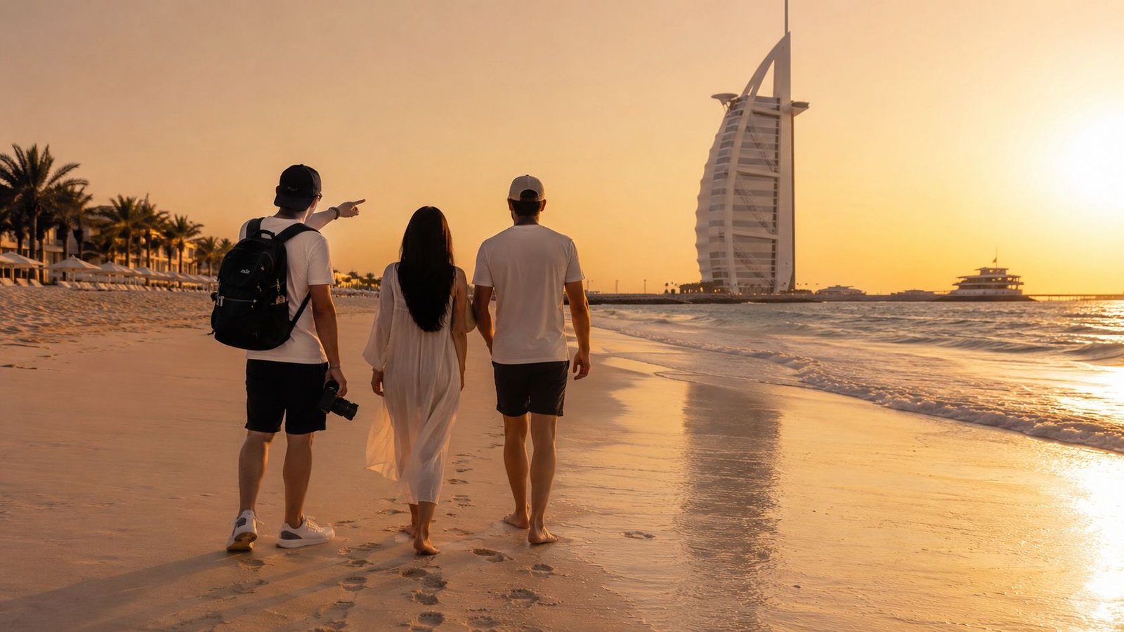 A group of friends walking on a sandy beach at sunset near the iconic Burj Al Arab hotel.