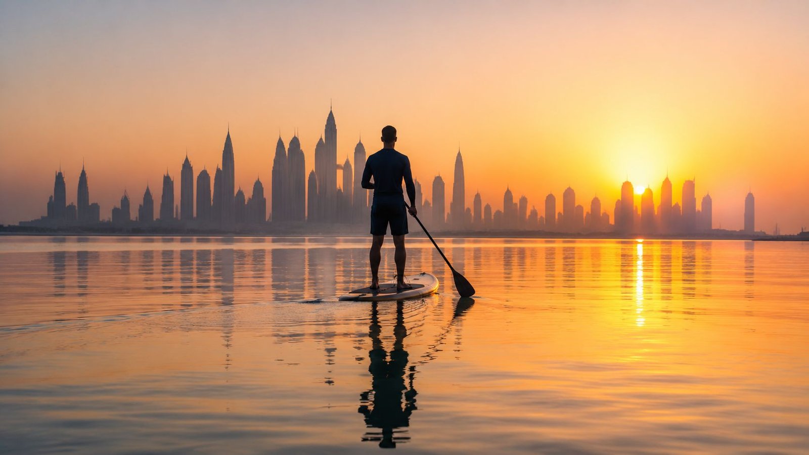 A silhouette of a man paddleboarding on calm waters during a beautiful sunset in Dubai.