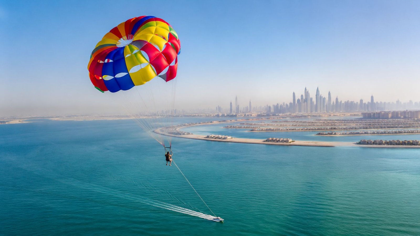 A person parasailing high above the calm blue water with the Dubai skyline in the background.