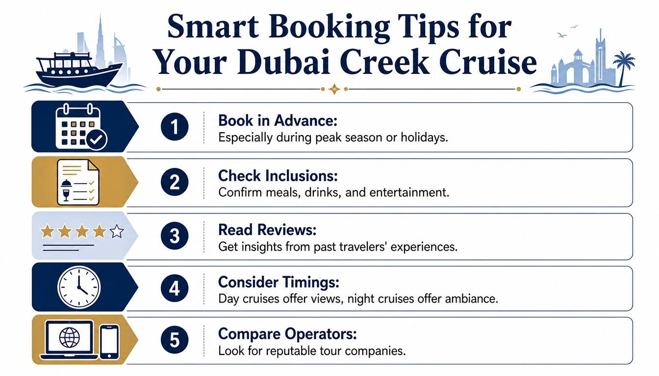 A helpful infographic showing five smart booking tips for planning a cruise on the Dubai Creek.