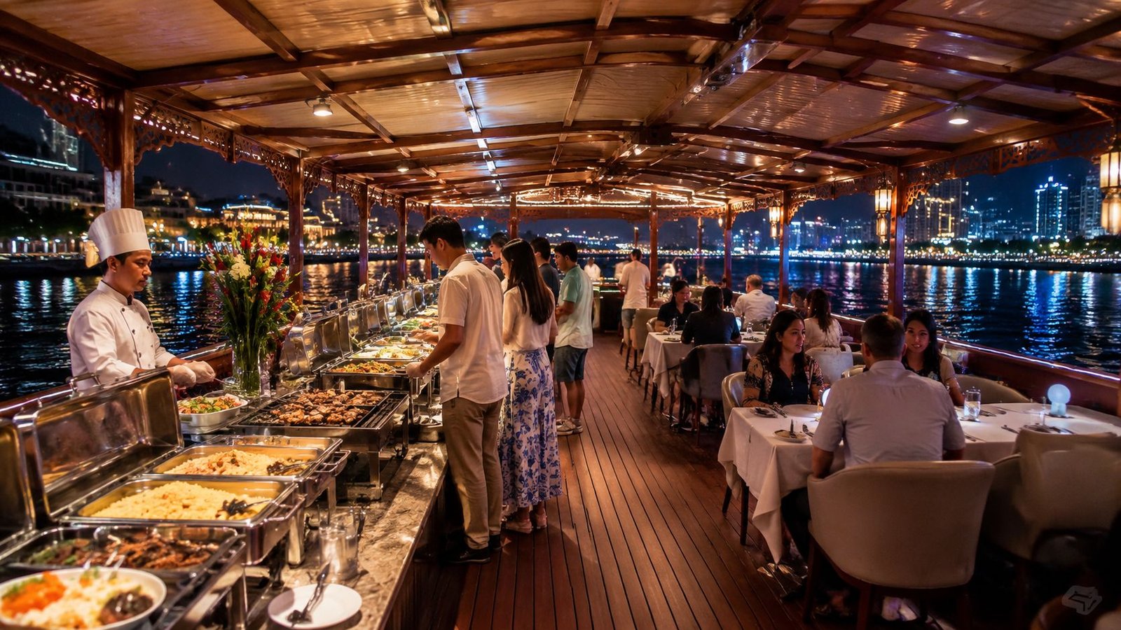 A buffet dinner service inside an elegant wooden dhow cruise ship sailing along Dubai Creek at night.
