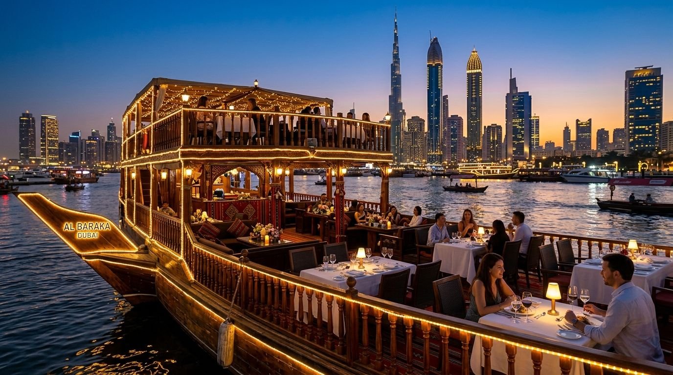 A luxurious wooden dhow boat dining cruise on Dubai Creek with the illuminated city skyline at sunset.