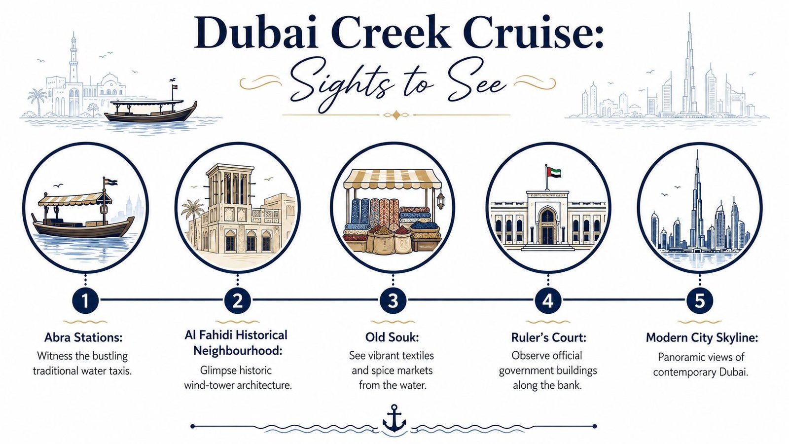 A travel infographic titled Dubai Creek Cruise showcasing five iconic sights to see along the waterway.