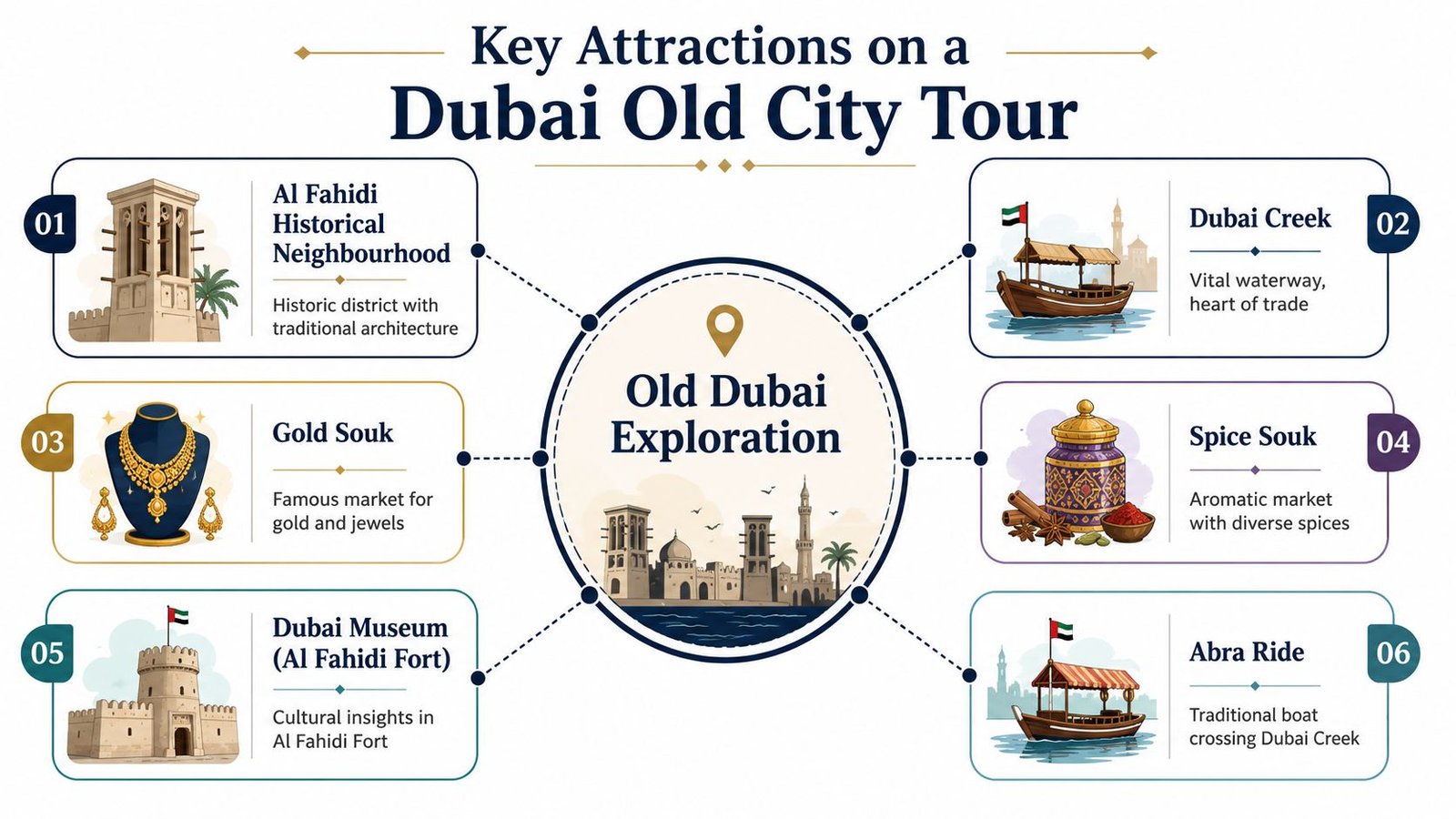 An infographic titled Key Attractions on a Dubai Old City Tour showcasing six major historical landmarks.