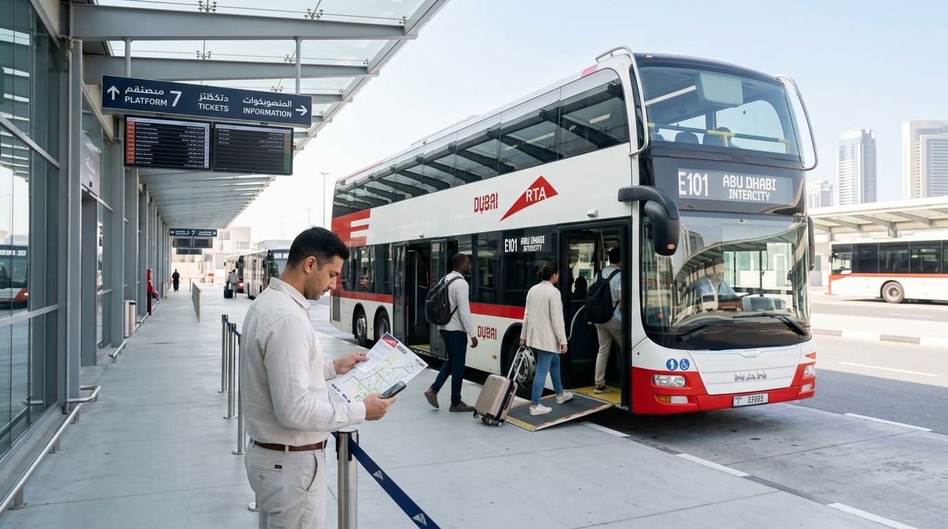 A passenger checks a map at a bus station before boarding a double-decker RTA bus to Abu Dhabi.