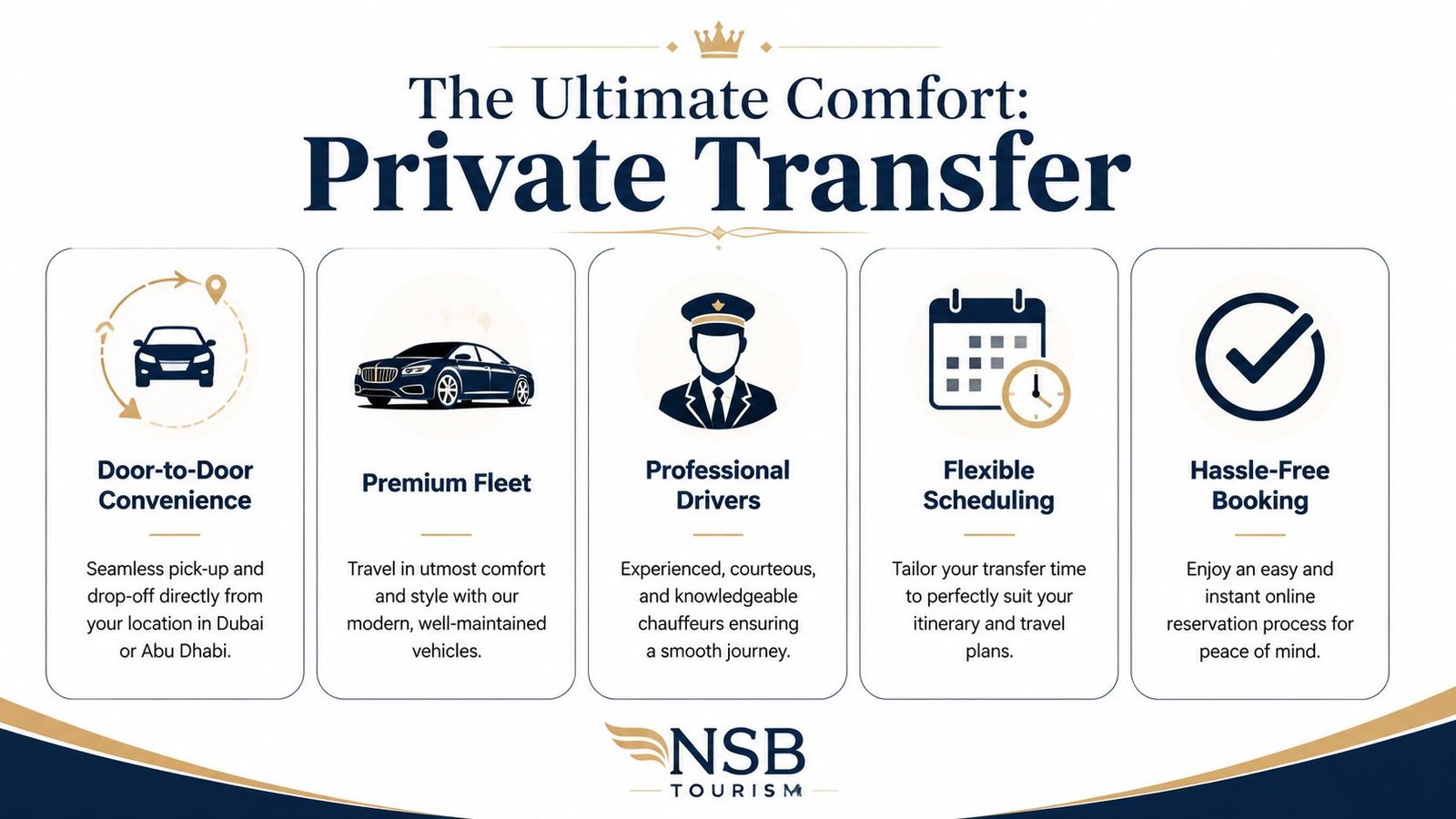A promotional banner for NSB Tourism private transfer services in Dubai and Abu Dhabi featuring premium vehicles.