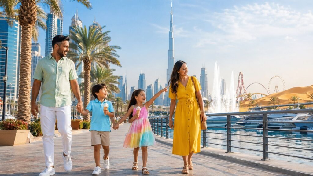 Family enjoying activities in Dubai with children at theme parks, aquariums, beaches, desert safari, and iconic attractions during a fun-filled 2026 family vacation.