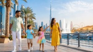 Family enjoying activities in Dubai with children at theme parks, aquariums, beaches, desert safari, and iconic attractions during a fun-filled 2026 family vacation.