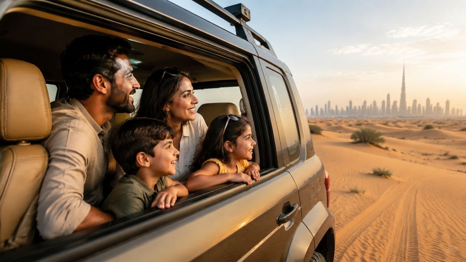 A happy family watches the Dubai city skyline from their car during a desert safari adventure.
