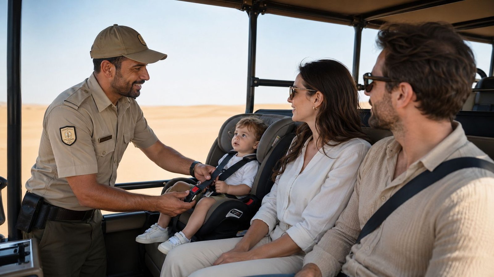 A park ranger helps secure a young toddler in a car seat inside a desert safari vehicle.
