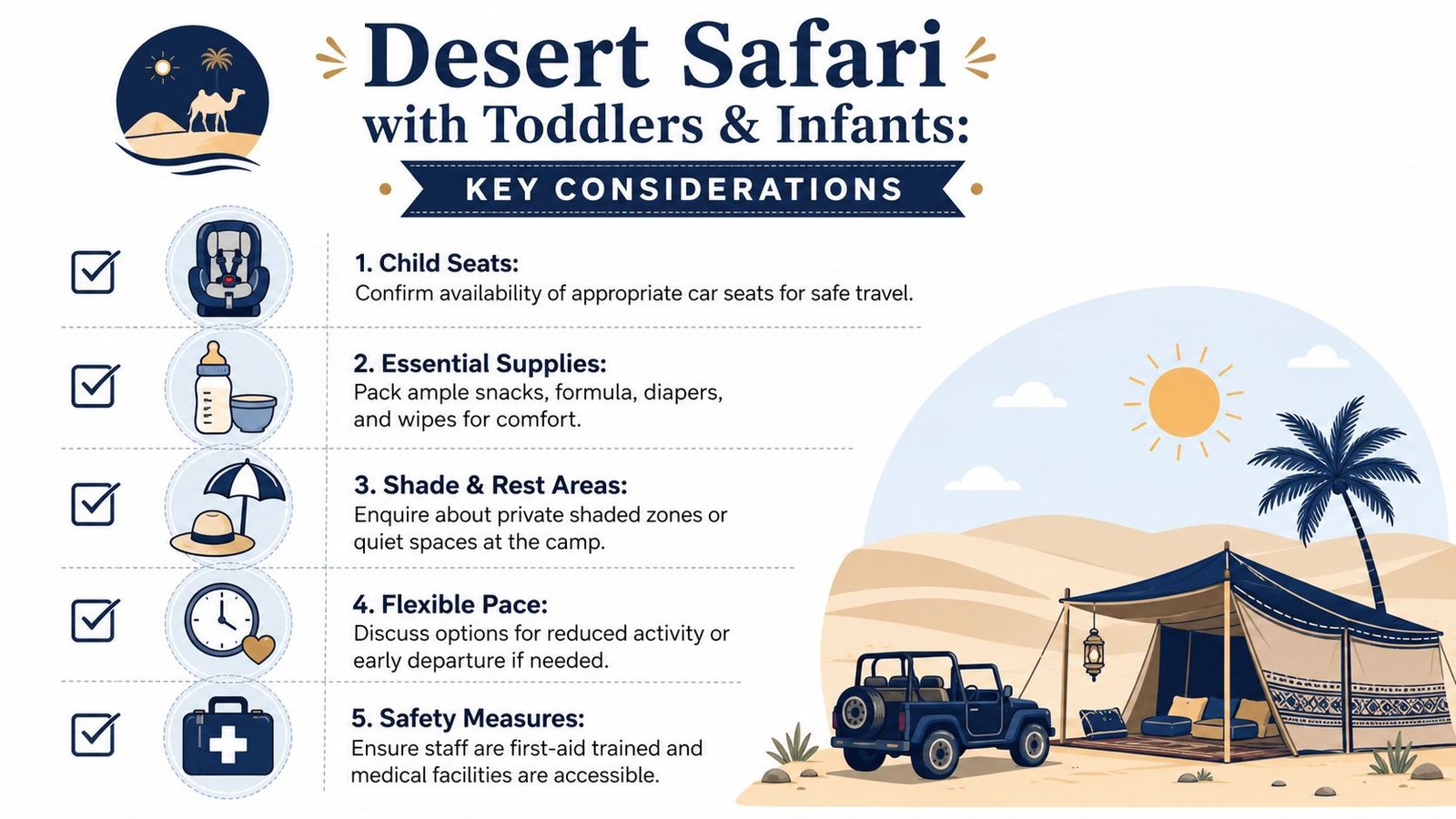 A helpful infographic showing five essential tips for planning a desert safari trip with infants and toddlers.