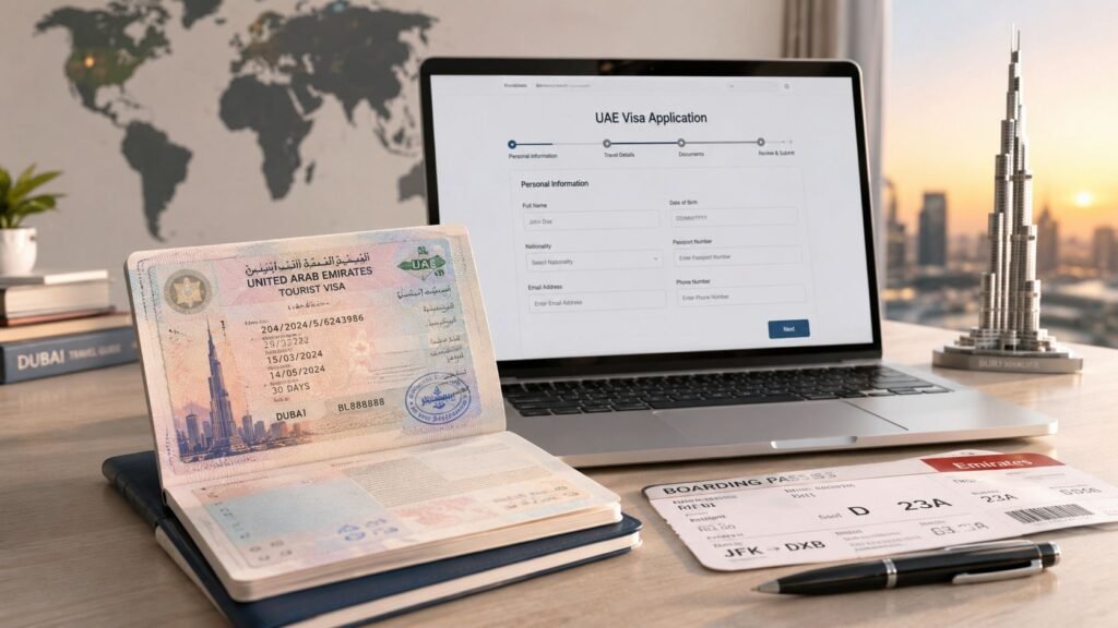 How-to-apply-for-tourist-visa guide showing a UAE passport, approved Dubai tourist visa, Burj Khalifa skyline, airplane, and NSB Tourism branding for applying for a Dubai and UAE tourist visa in 2026.