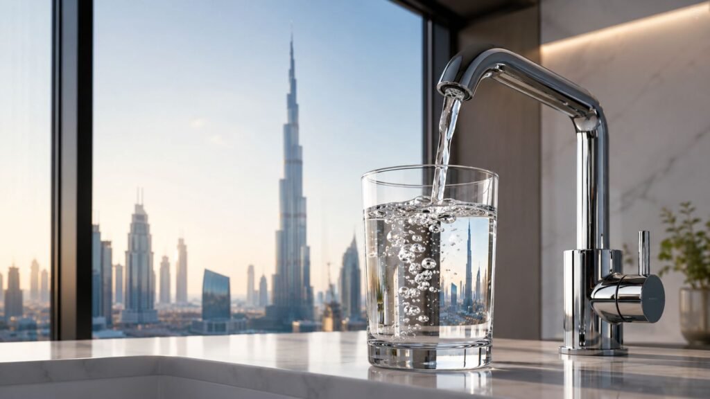 Is tap water safe to drink in Dubai hero image showing clean drinking water being poured into a glass with the Dubai skyline in the background