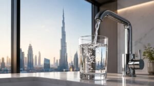Is tap water safe to drink in Dubai hero image showing clean drinking water being poured into a glass with the Dubai skyline in the background