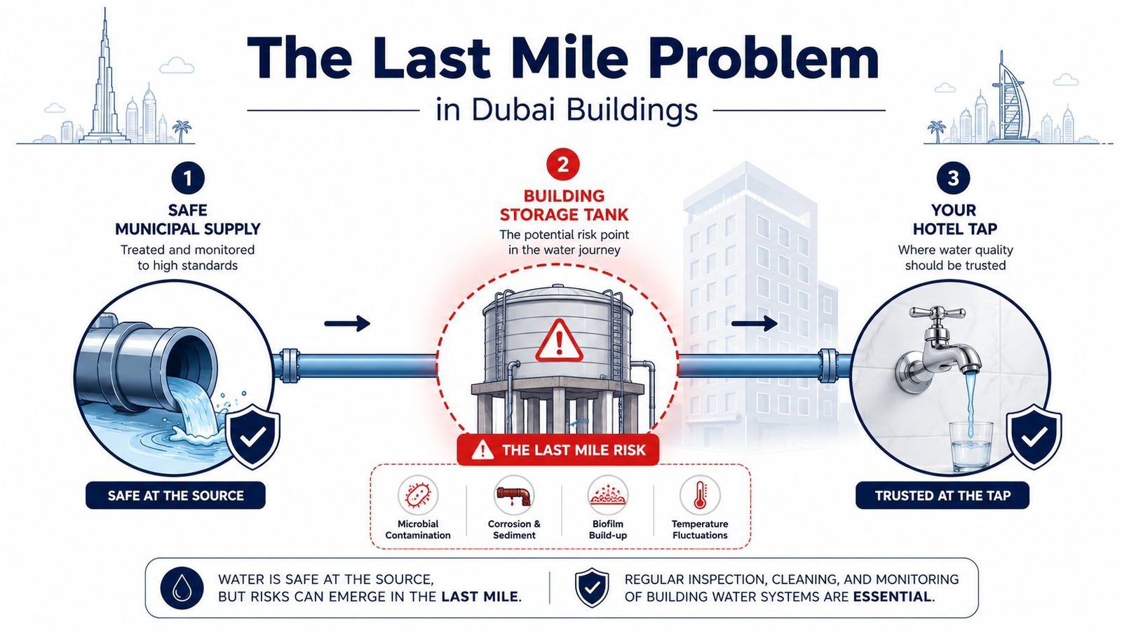 An infographic illustrating how water quality risks occur in Dubai building storage tanks despite safe municipal supply.