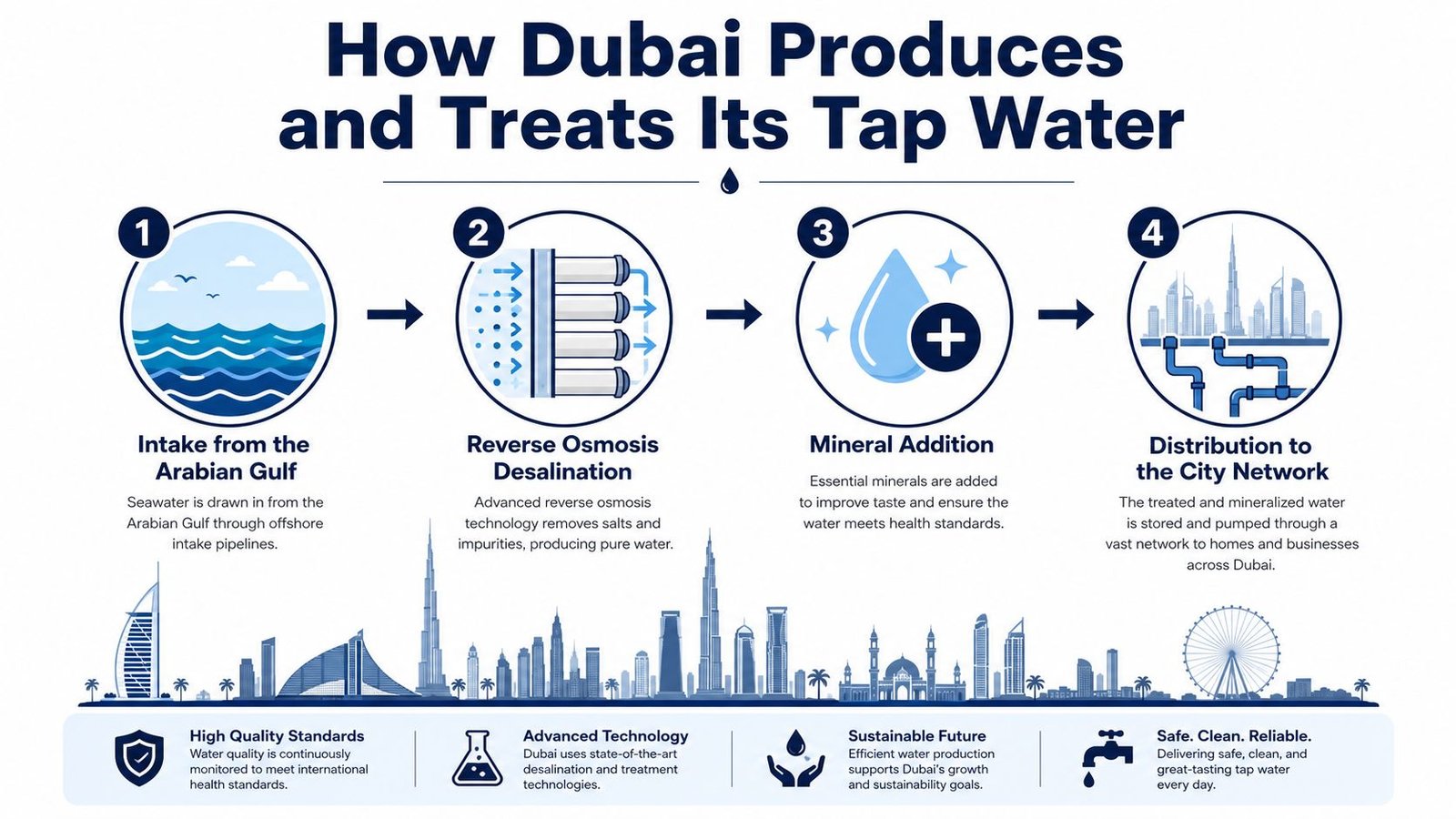 An infographic illustrating the four stages of how Dubai produces and treats its safe tap water.