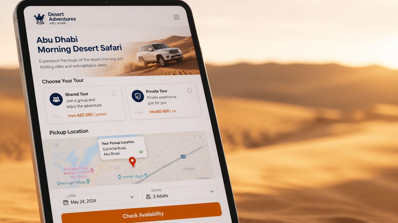 A digital tablet screen displaying an Abu Dhabi morning desert safari booking page with tour options.