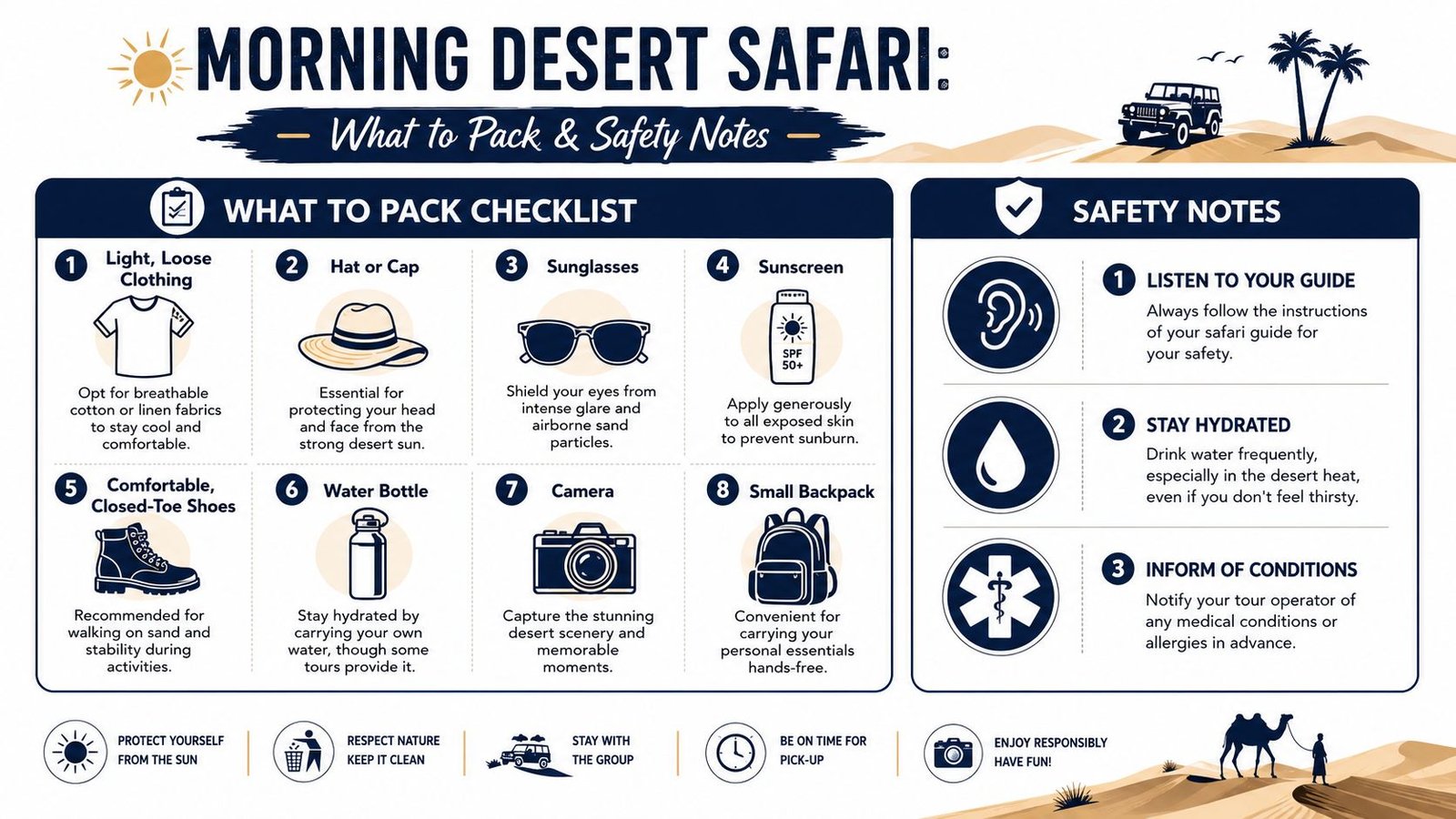 An infographic checklist for a morning desert safari, detailing essential packing items and safety precautions for travelers.
