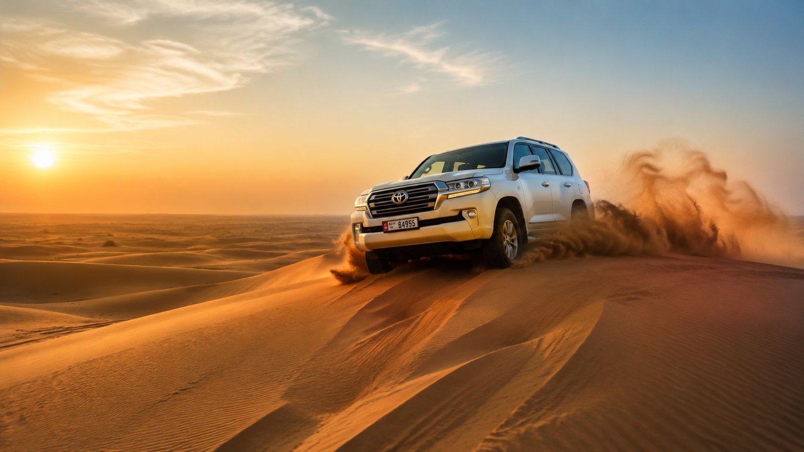 A silver Toyota Land Cruiser driving on sand dunes during a beautiful golden desert sunrise.