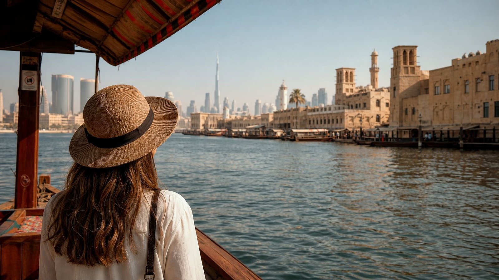 A woman wearing a straw hat on a traditional abra boat looking at the Dubai skyline.