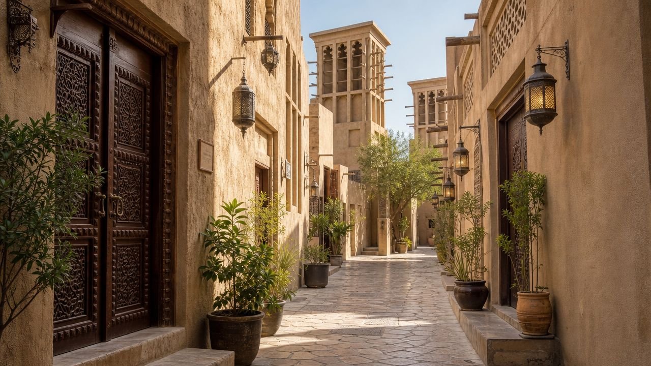 A picturesque alleyway in the historic Al Fahidi district of Dubai, featuring traditional architecture and lanterns.