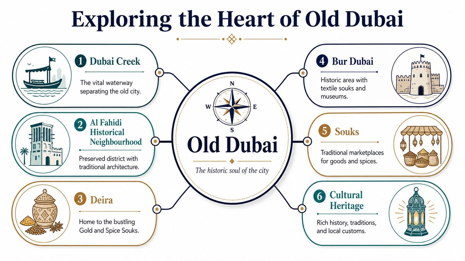 An infographic titled Exploring the Heart of Old Dubai, highlighting six cultural landmarks and traditional districts.