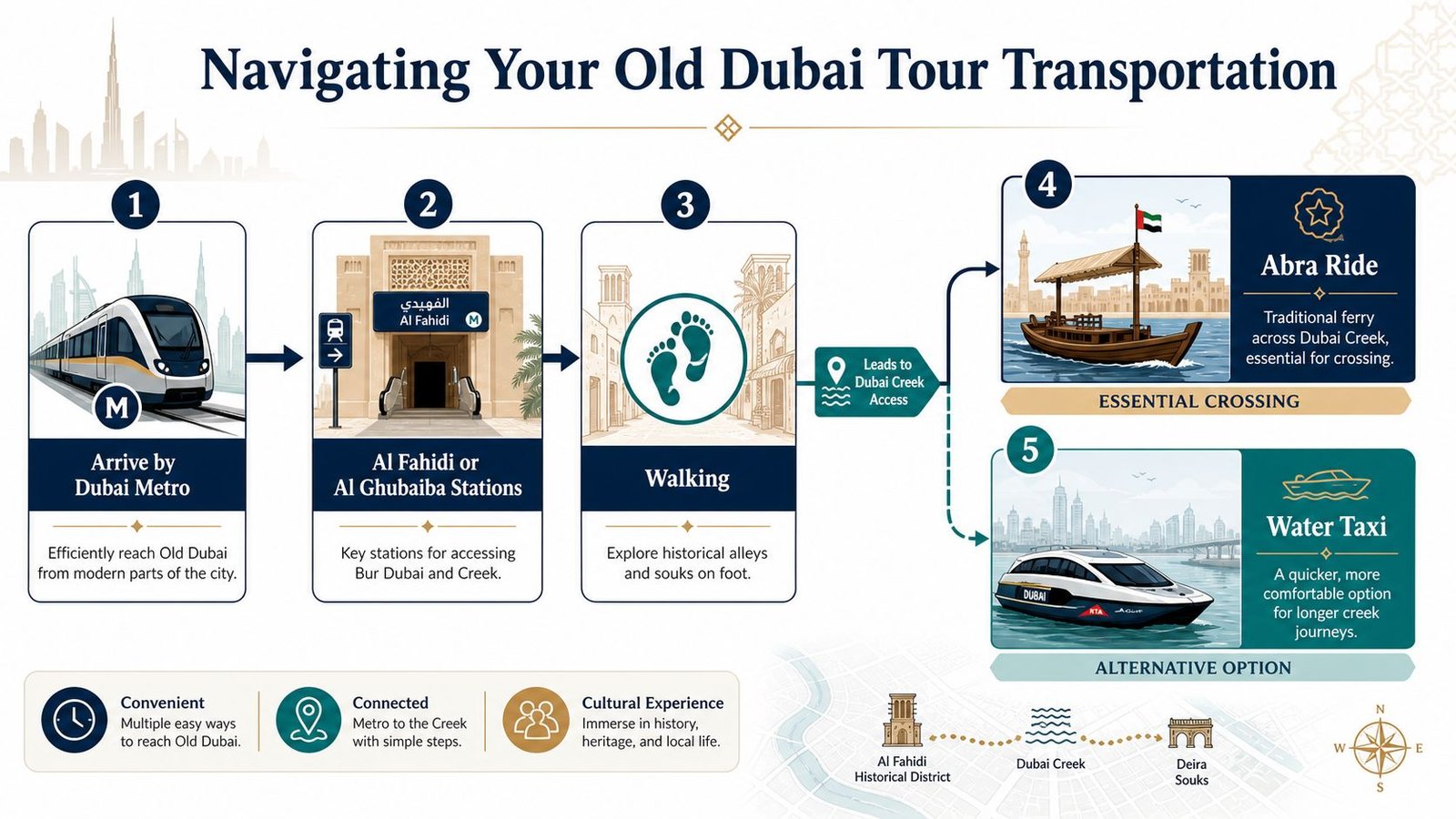 An infographic illustrating transportation methods for touring Old Dubai, including metro, walking, and water taxi options.