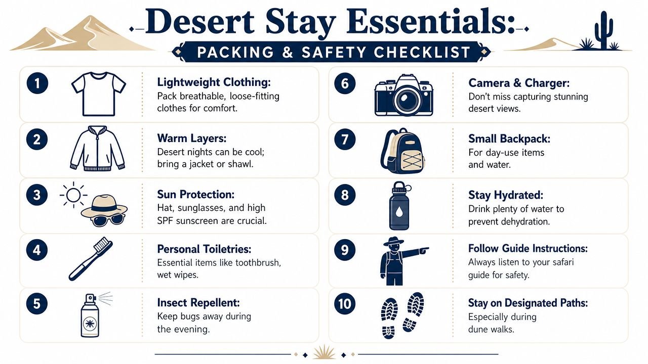 A ten-point checklist illustrating essential items and safety tips for preparing for an overnight desert safari.