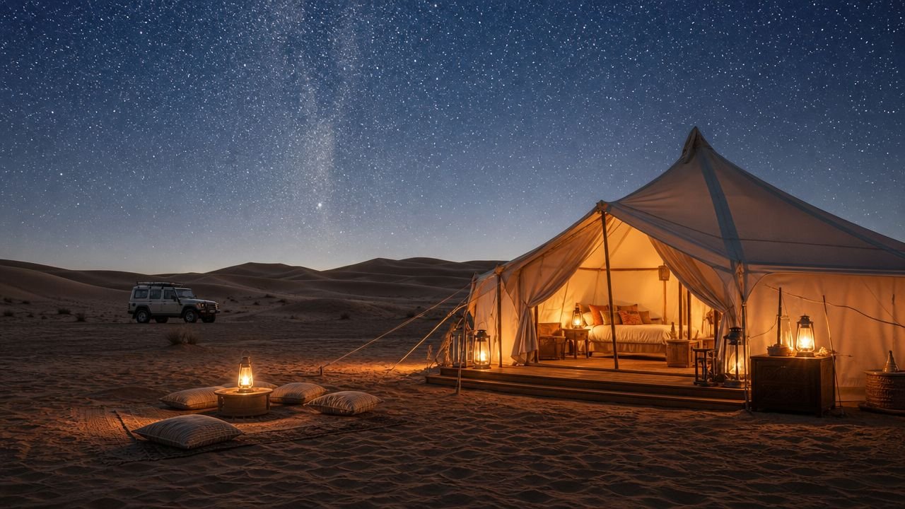 A luxurious desert glamping tent illuminated at night under a brilliant starry sky in the desert dunes.