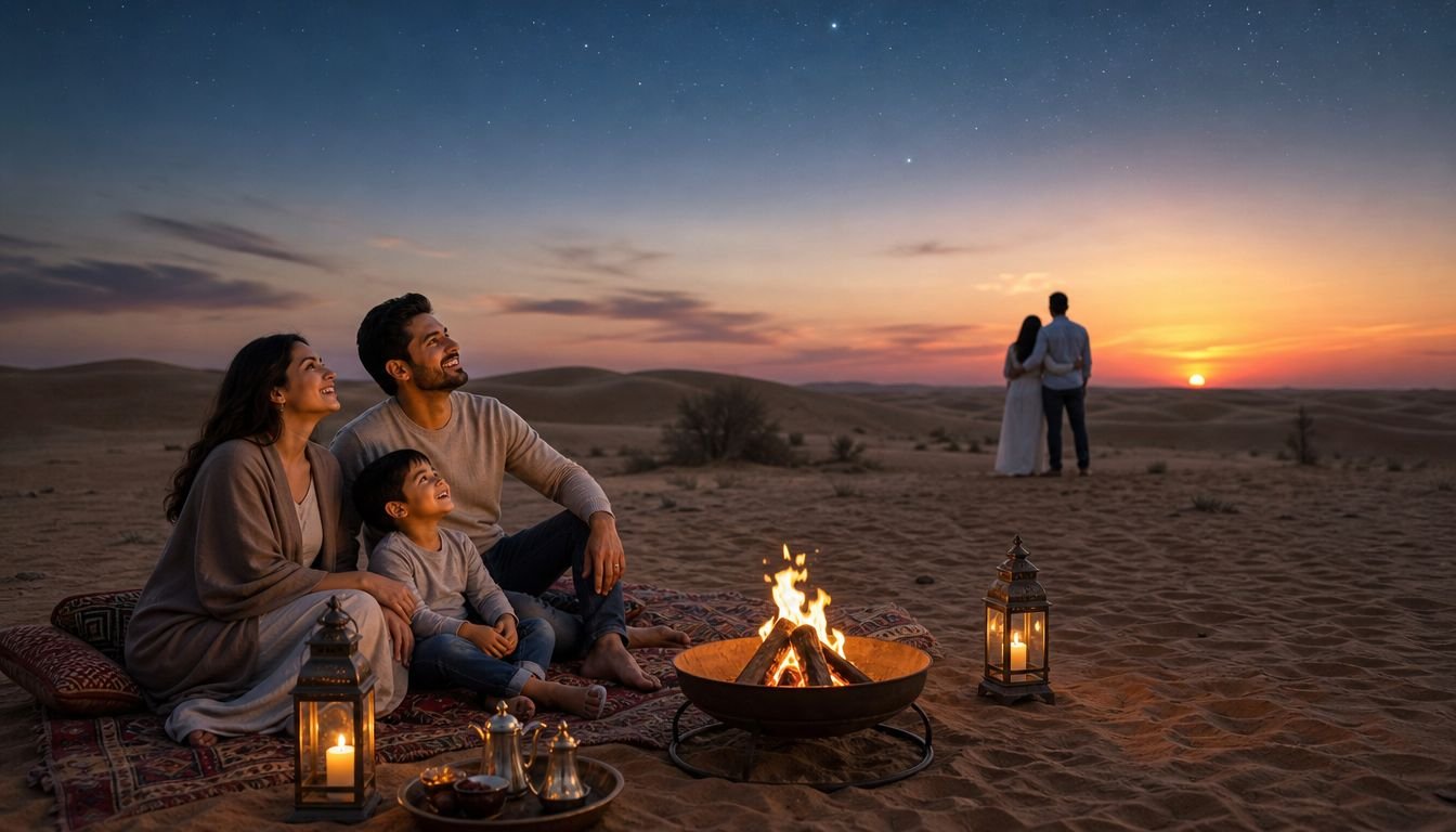 A family sits on a rug by a campfire in the desert looking up at stars.