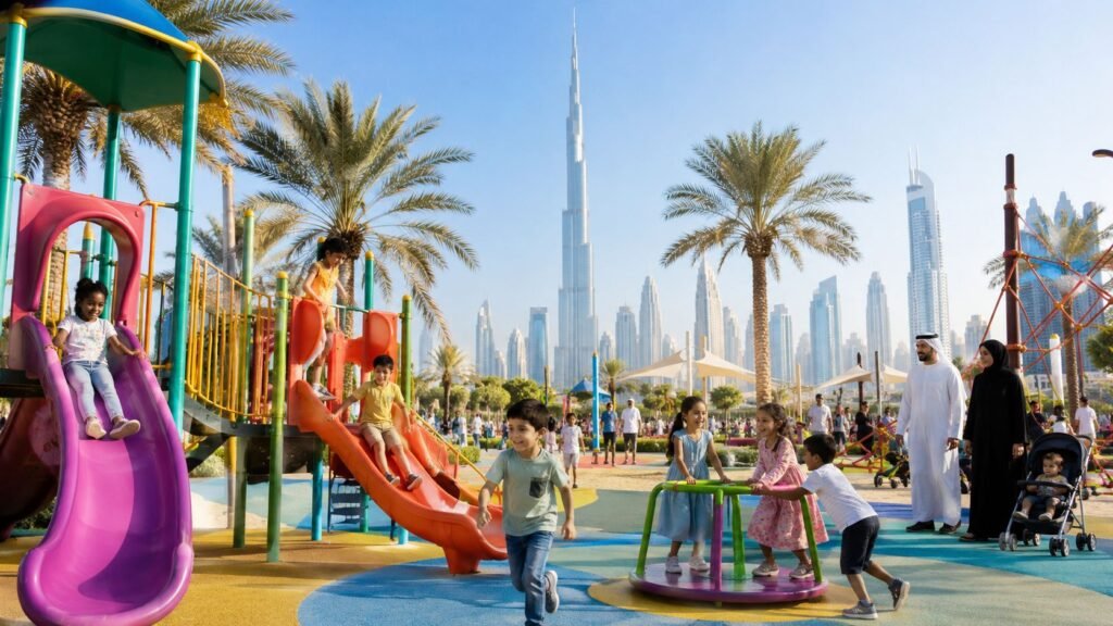 Best playgrounds in Dubai featuring children playing in a modern outdoor playground with colorful climbing structures, slides, splash park, palm trees, and the Dubai skyline in the background.
