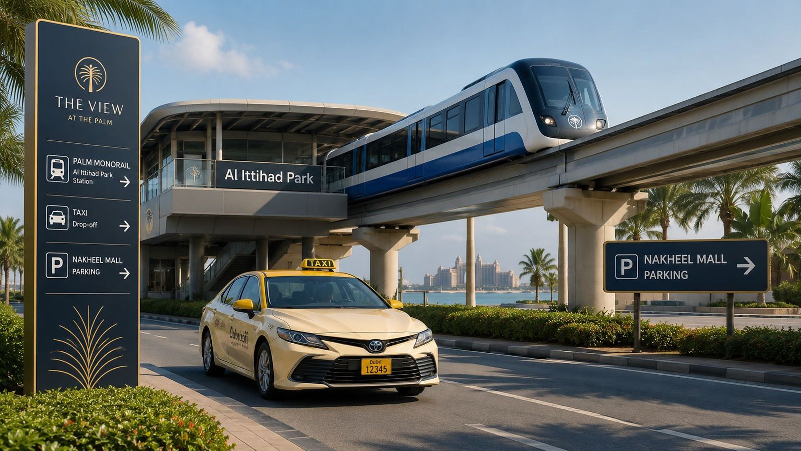 A yellow Dubai taxi driving past the Al Ittihad Park monorail station at The View at the Palm.