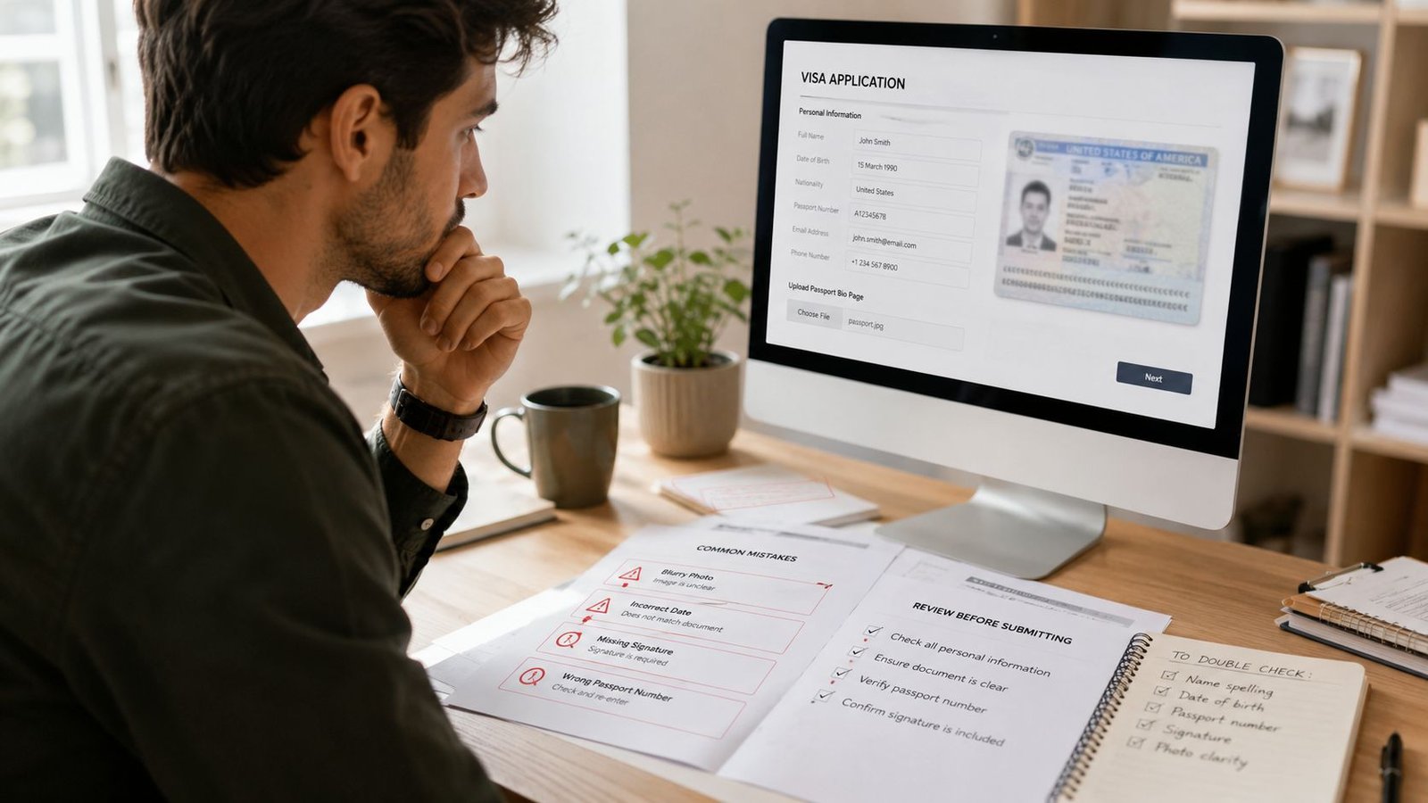 A man sits at a desk looking at a computer screen while reviewing visa application documents.