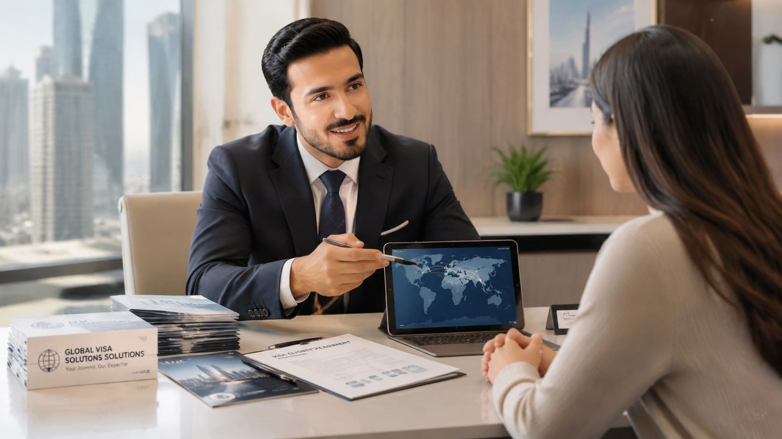 A professional visa consultant advising a client in a modern Abu Dhabi office with city views.