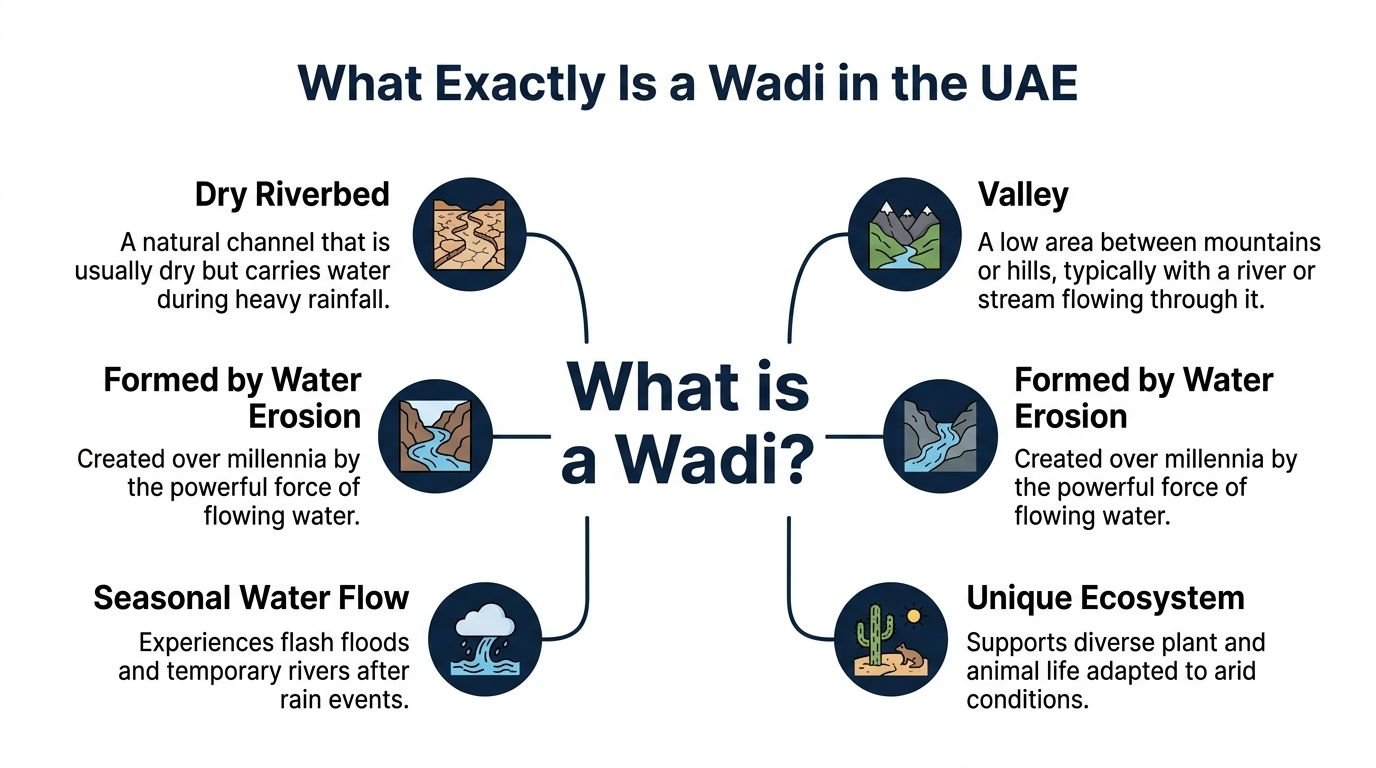 An infographic explaining what a wadi is in the UAE, featuring characteristics like dry riverbeds and valleys.