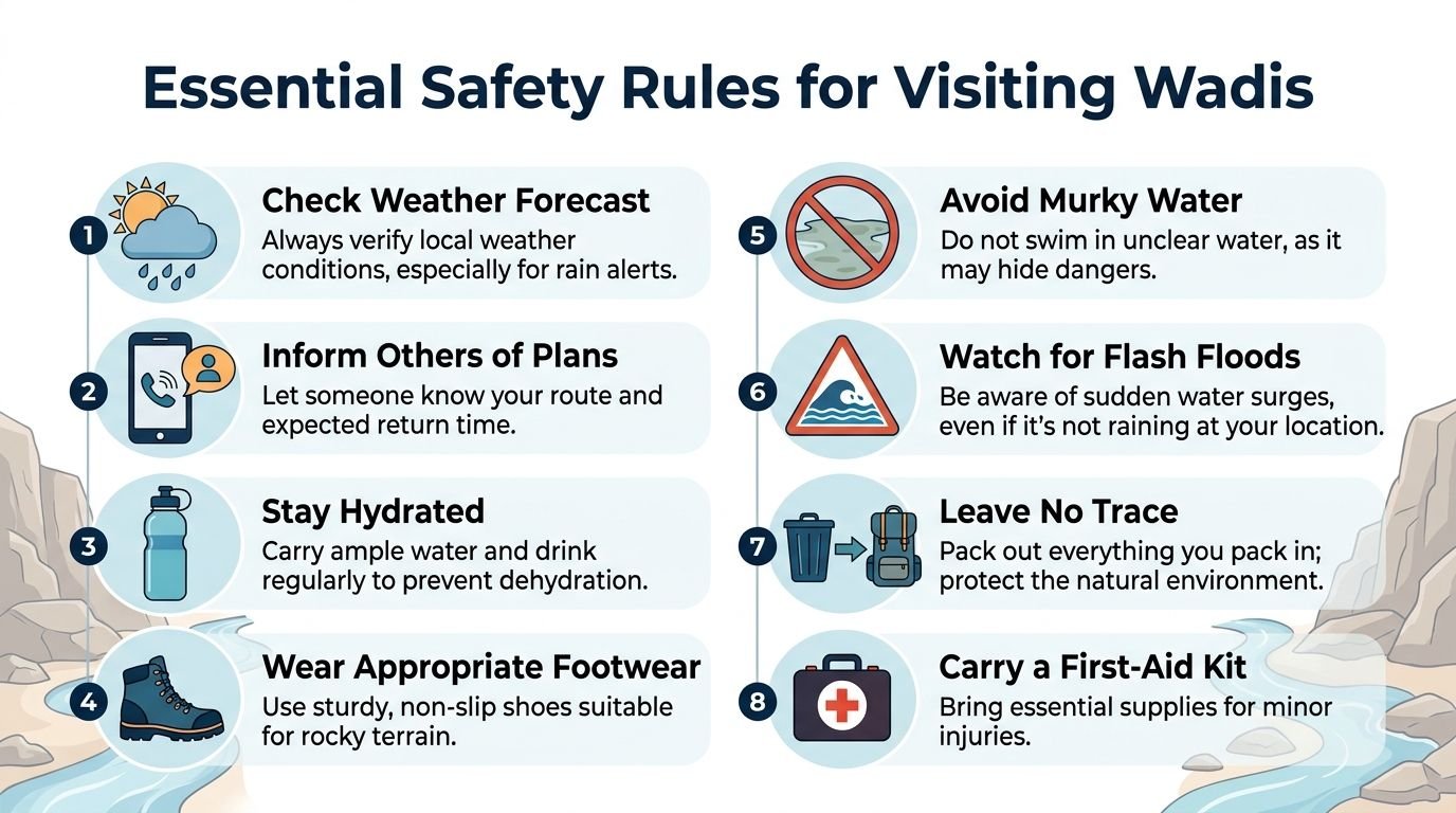 An infographic titled Essential Safety Rules for Visiting Wadis listing eight key safety tips for outdoor hikers.