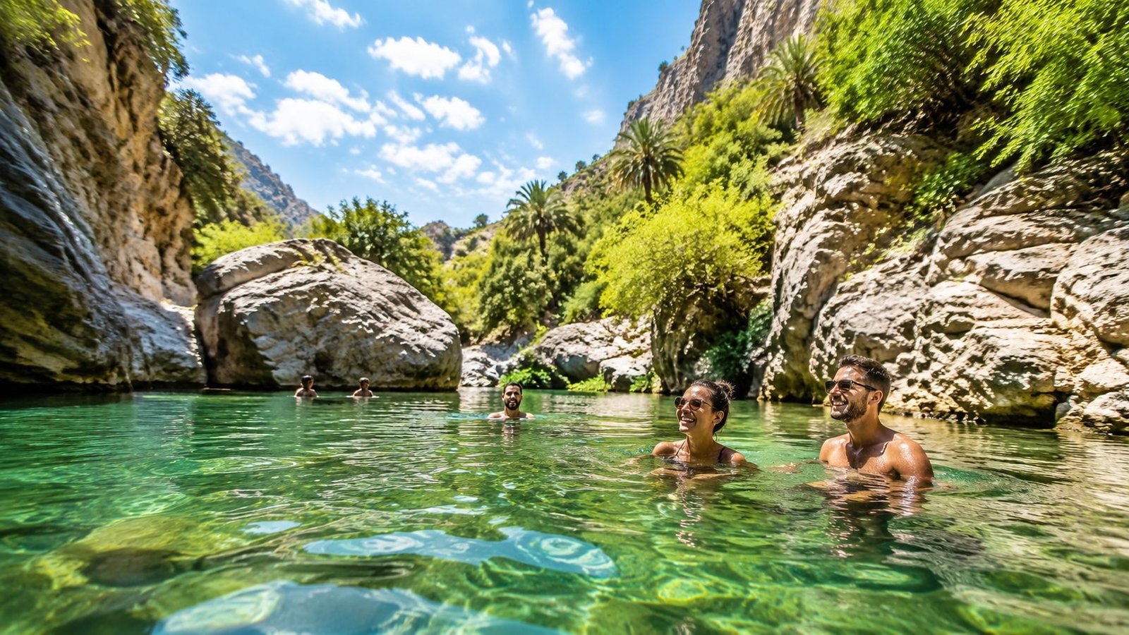 A group of friends swimming in the crystal clear turquoise water of a scenic rocky wadi in UAE.